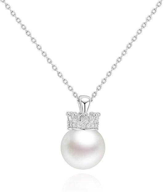 Pearl Necklace for women,10mm Single pearl Necklace, Silver Princess Crown Pearl Pendant Dainty Jewelry Gift for Wife, Mom,Girlfriend,Anniversary, Birthday,Valentine’s Day