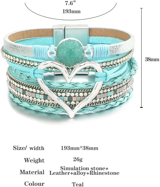 Leather Wrap Bracelet for Women Beaded Cuff Bracelet with Heart-shape Decor Bohemian Crystal Bracelet Jewelry with Clasp Bangle Bracelet for Women Girls Birthday Holiday Gift