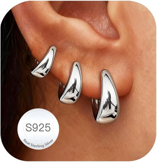 DORANA Valentines Day Gift 3 Pairs 925 Sterling Silver Earrings for Women Girls Non Tarnish Small Hypoallergenic Huggie Hoops Cartilage Stack Earring Sets for Multiple Piercing