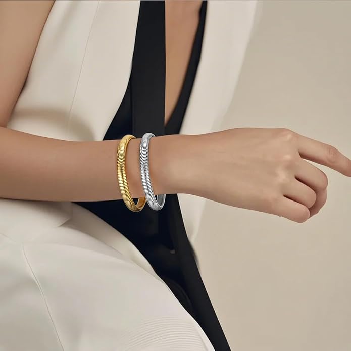 Emibele Gold Bangles Bracelet Set for Women, 18K Gold Plated Chunky Stainless Steel Non Tarnish Stretch Bracelet Stack, Flexible Wide Wristband Bangle Layered Snake Chain Bracelets