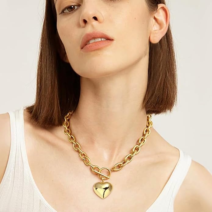 Chunky Gold Necklace for Women, 18K Waterproof Heart Necklace Statement Necklace Gold Charm Necklace Chunky Jewelry Paperclip Chain Choker Gift for Women