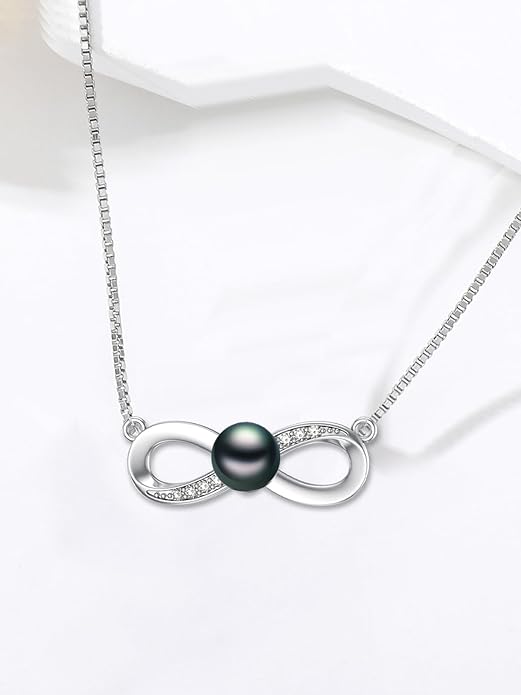 Tahitian Black Pearl Necklace Infinity Gifts for Women Wife Wedding Birthday Anniversary Jewelry Valentines Christmas Day Gifts 925 Sterling Silver