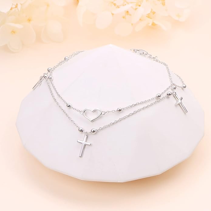 Anklet for Women S925 Sterling Silver Adjustable Foot Evil Eye Starfish Heart Bead Butterfly Celtic Knot Cross Multilayer Layered Ankle Bracelet Jewelry