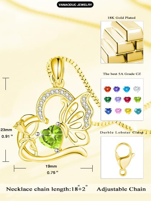 Birthstone Heart butterfly Necklace for Women, Infinity Pendant 14K Gold /18K White Gold Womens Necklaces, Jewelry Anniversary Birthday Christmas Gifts for Her Mom Wife﻿