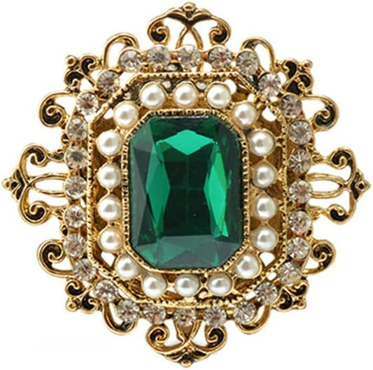 Antique Rhinestone Brooch Pin for Women Girls Gold Tone Vintage Baroque Rectangle Crystal Shell Pearl Boho Victorian Style Brooches Lapel Pins Elegant Wedding Christmas Festival Ornament Jewelry Gift