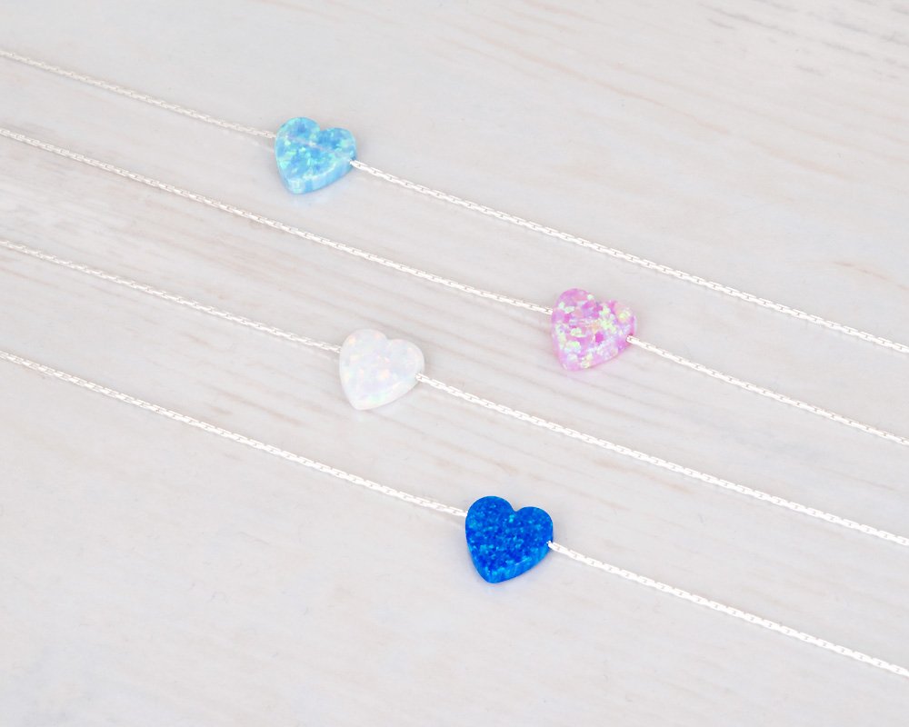 White Opal Heart On Sterling Silver 925 Choker Necklace - Designer Handmade Minimal Necklace for Women - Length: 13.5 inch + 3 inch Extender (sterling silver, white)