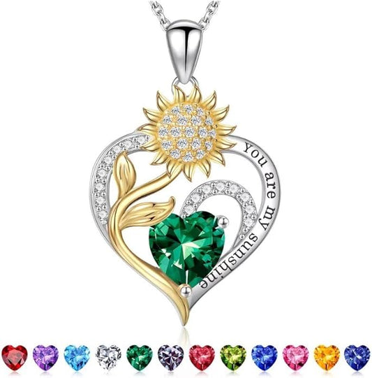 Iefil Christmas Gifts for Women Wife Mom - Sunflower Birthstone Necklace for Women, Anniversary Birthday Gifts 925 Sterling Silver Heart Pendant You Are My Sunshine Jewelry for Girlfriend Mom Daughter