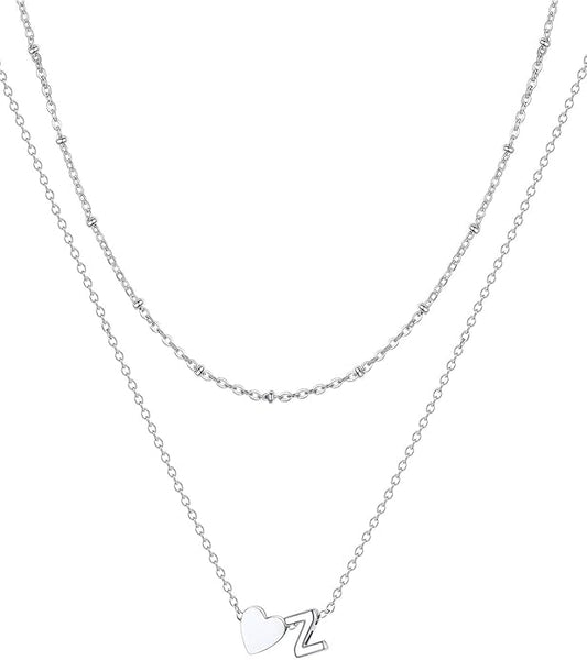 FOCALOOK Layered Initial Necklace for Women, 14K Gold Plated Choker Necklaces Stacks with Initial A-Z, Dainty Silver Heart Pendant Necklace Personalized Birthday Women Jewelry