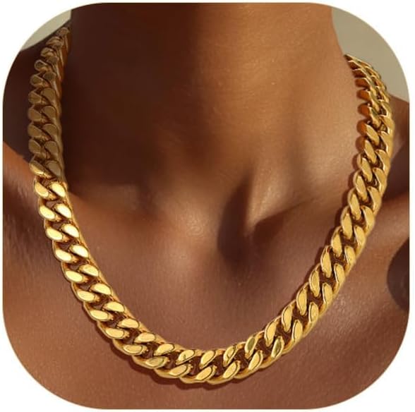 ChainsPro Chunky Cuban Link Chain Necklace for Women,Stainless Steel Silver/Gold Plated Thick Choker, 5/12/14mm Width,18" and 20" Punk Hip Hop Trendy Jewelry Gifts