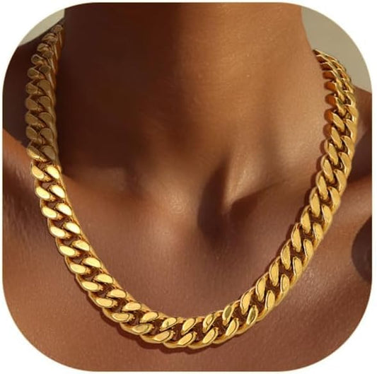 ChainsPro Chunky Cuban Link Chain Necklace for Women,Stainless Steel Silver/Gold Plated Thick Choker, 5/12/14mm Width,18" and 20" Punk Hip Hop Trendy Jewelry Gifts