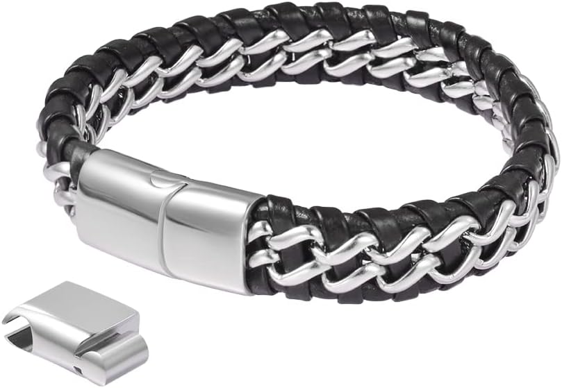 Men's Braided Genuine Leather Link Steel Chain Bracelet