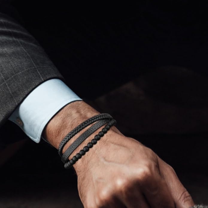 Gifts for Men - Layered Leather Beads Bracelet, Tiger Eye Lava Rock Stone Braided Leather Bracelets for Men Adjustable Magnetic Clasp Birthday Gifts