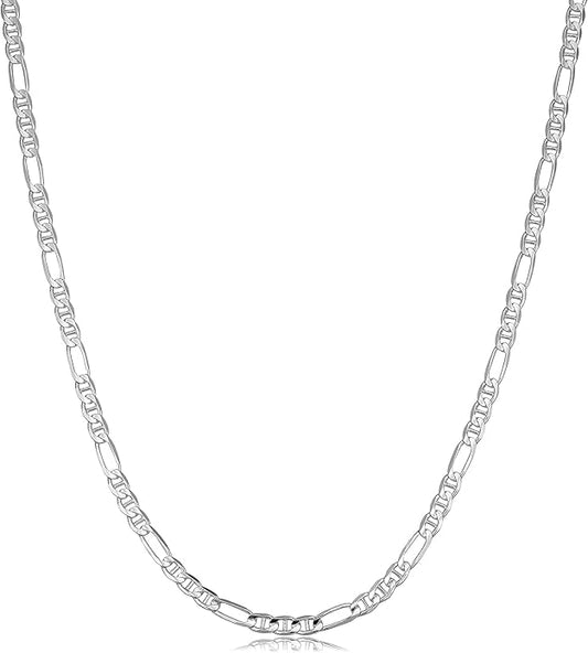 Savlano 925 Sterling Silver Italian Solid Figarucci Figaro Mariner Flat Link Chain Necklace For Men & Women - Made in Italy Comes Gift Box