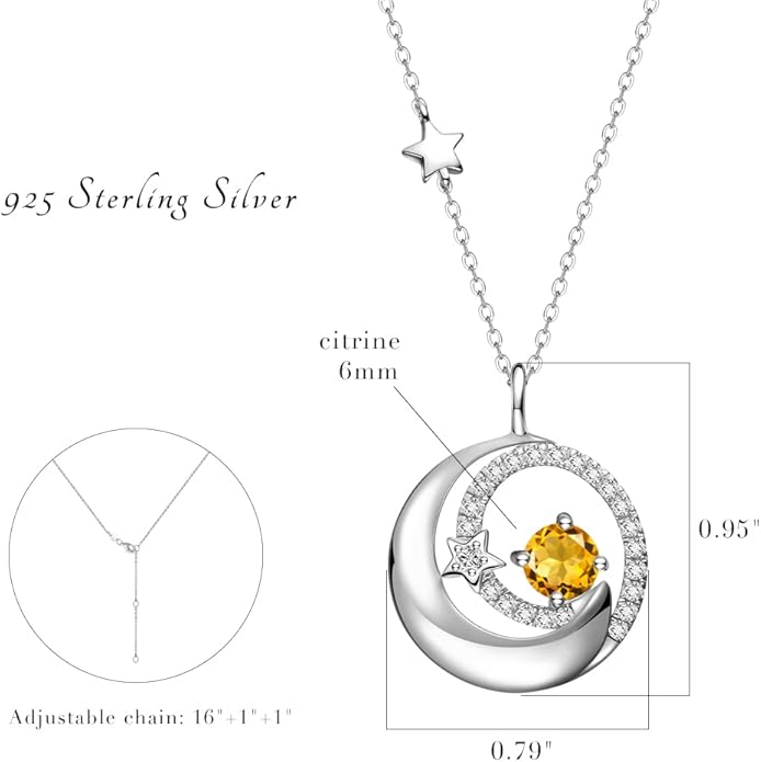 FANCIME Birthstone Necklaces 925 Sterling Silver Moon and Star Pendant Fine Jewelry Birthday Christmas Gifts for Mom Wife Her Daughter, Adjustable Chain 16+2"