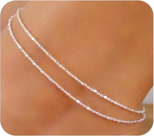 Pencros Dainty Layered Anklet,14K Gold Filled Cute Beads Satellite Chain Heart Boho Adjustable Anklets for Women