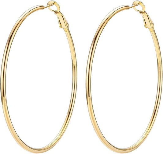 FOCALOOK 14K Gold Plated Lightweight Large Hoops| 2mm Thin Hoop Earrings for Women 30/40/50/70/100mm