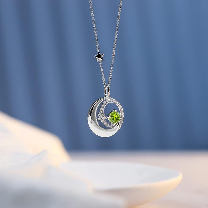 FANCIME Birthstone Necklaces 925 Sterling Silver Moon and Star Pendant Fine Jewelry Birthday Christmas Gifts for Mom Wife Her Daughter, Adjustable Chain 16+2"