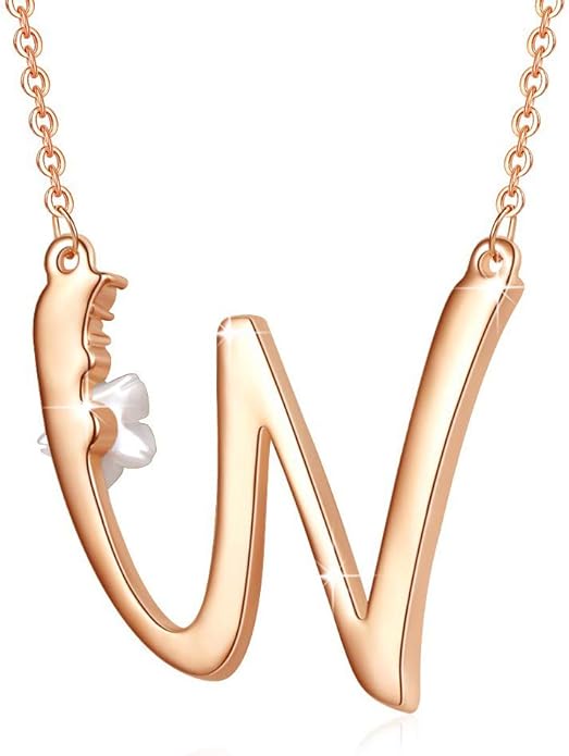 Flower Initial Letter Necklace Pink Red Blue Simulated Pearl Pendant Name Jewelry Made with Austrian Crystals Rose Gold Plated Anniversary Birthday Gifts for Women,18"+2"