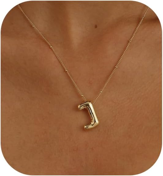 Initial Necklaces for Women, 14k Gold Plated Bubble Letter Necklace Chunky Gold Necklace Dainty Charm Initial Necklaces for Women Trendy Custom Preppy Stocking Stuff Necklace Christmas Gifts
