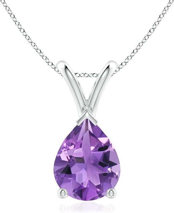 Angara Natural Amethyst Solitaire Pendant for Women | V-Bale Pear-Shaped Amethyst Solitaire Pendant in 14K Solid Gold/Silver/Platinum | February Birthday, Anniversary, Gemstone Jewellery Gift