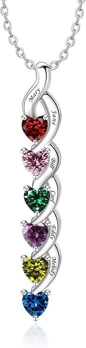 MissNaNa Sterling Silver Personalized Mothers Necklace with Simulated Birthstones Engraved 1-6 Children Names Custom Love Heart Pendant Family Necklace for Women Mother's Day Birthday