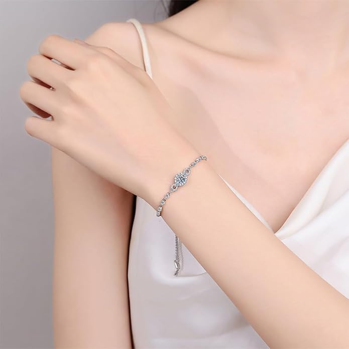 14K White Gold Over S925 Sterling Silver Oval Cut 0.5ct Sapphire Bracelet Adjustable with Sparkling D-color Diamond, Ideal Gift for Her at Special Occasion