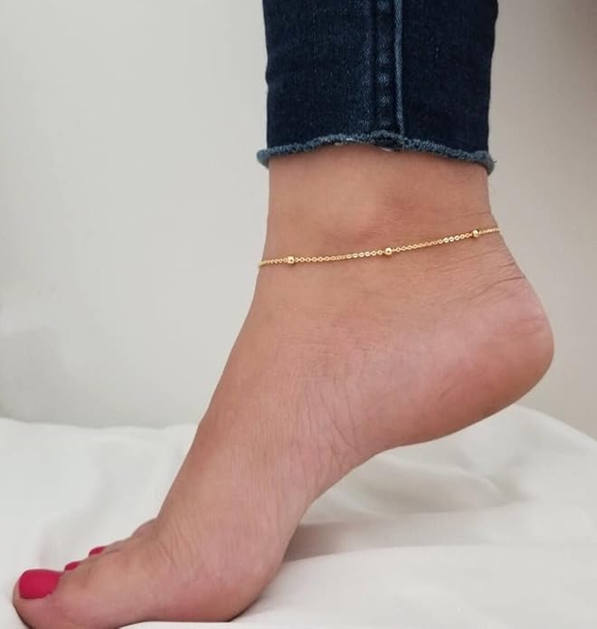 Ankle Bracelets for Women Dainty 18K Gold Plated Anklet Waterproof Round Beaded Paperclip Herringbone Pearl Chain Anklets Waterproof Beach Foot Jewelry