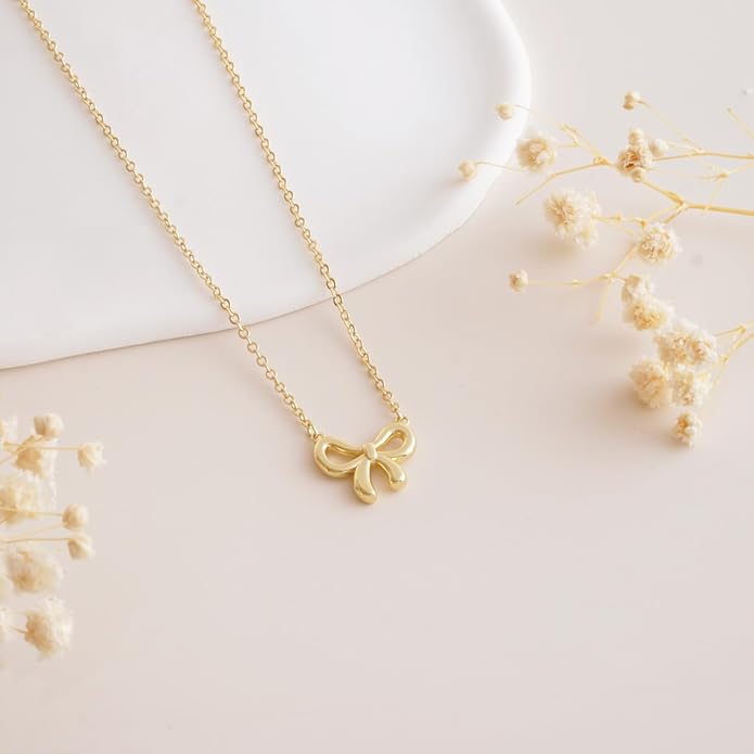Gold Necklace for Women Dainty Bow Necklace 14K Gold Plated Cute Choker Necklace Small Bow Pendant Charm Necklaces Teen Gift Trendy Stuff Personalized Jewelry Gifts