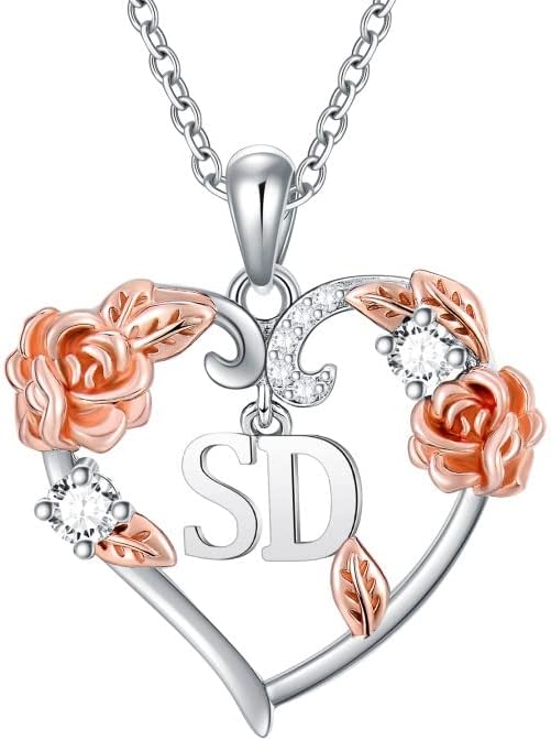 AOBOCO Rose Heart Necklaces Valentines Gifts for Women, 925 Sterling Silver Rose Love Heart Initial Letter Pendant Necklace Jewelry Mothers Day Christmas Birthday Gifts for Her Mom Wife Girlfriend