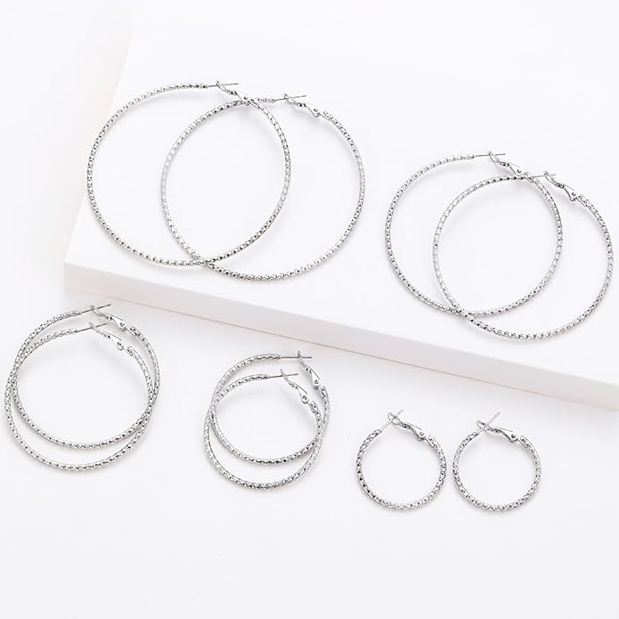 5/10 Pairs Stainless Steel Hoop Earrings for Women Hypoallergenic Large Small 14K Gold Plated Starry Sky Filigree Hoops Silver Plated Hoop Earring Pack Lightweight Fashion Earrings Set