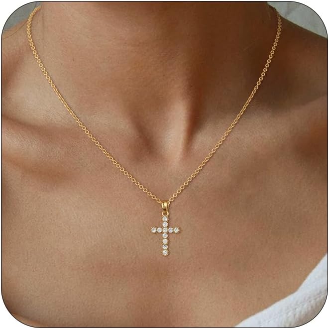 VIROMY Gold Cross Necklace for Women - Dainty Diamond Cross Pendant Necklaces Non Tarnish Waterproof Necklace Simple Choker Minimalist Jewelry