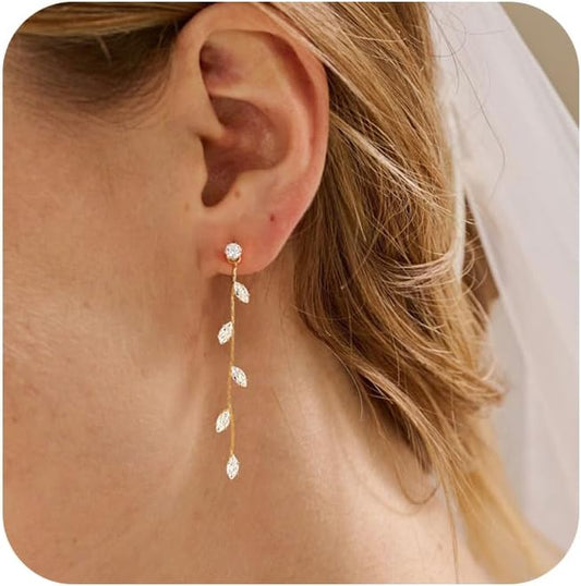 Gold Earrings for Women,Dainty 14k Gold Plated Pearl Drop Earring Dangle Pearl Dangling Earrings for Women Trendy Small Cute Wedding CZ Earring Long Chain Threader Prom Jewelry Gifts