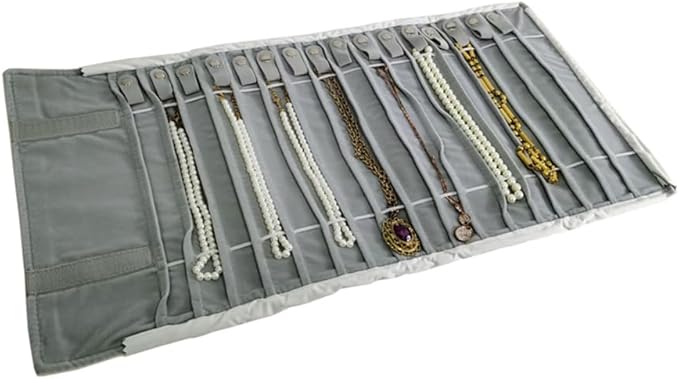 SCIKHEFT Portable Jewelry Roll Untangled Secure Necklace Travel Storage Bag Displays Holder 16 Chain (Gray PU and Gray Velvet)