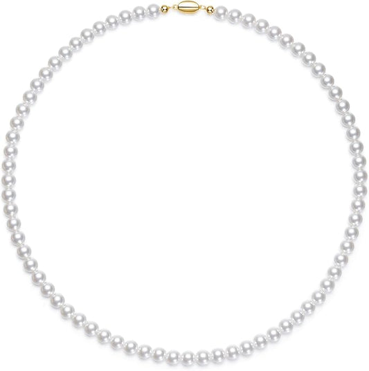Mameloly Pearl Necklaces for Women Dainty 925 Sterling Silver 18K Gold Plated 6MM Simulated White Pearl Choker Necklace Strand for Her Engagement Wedding Birdal