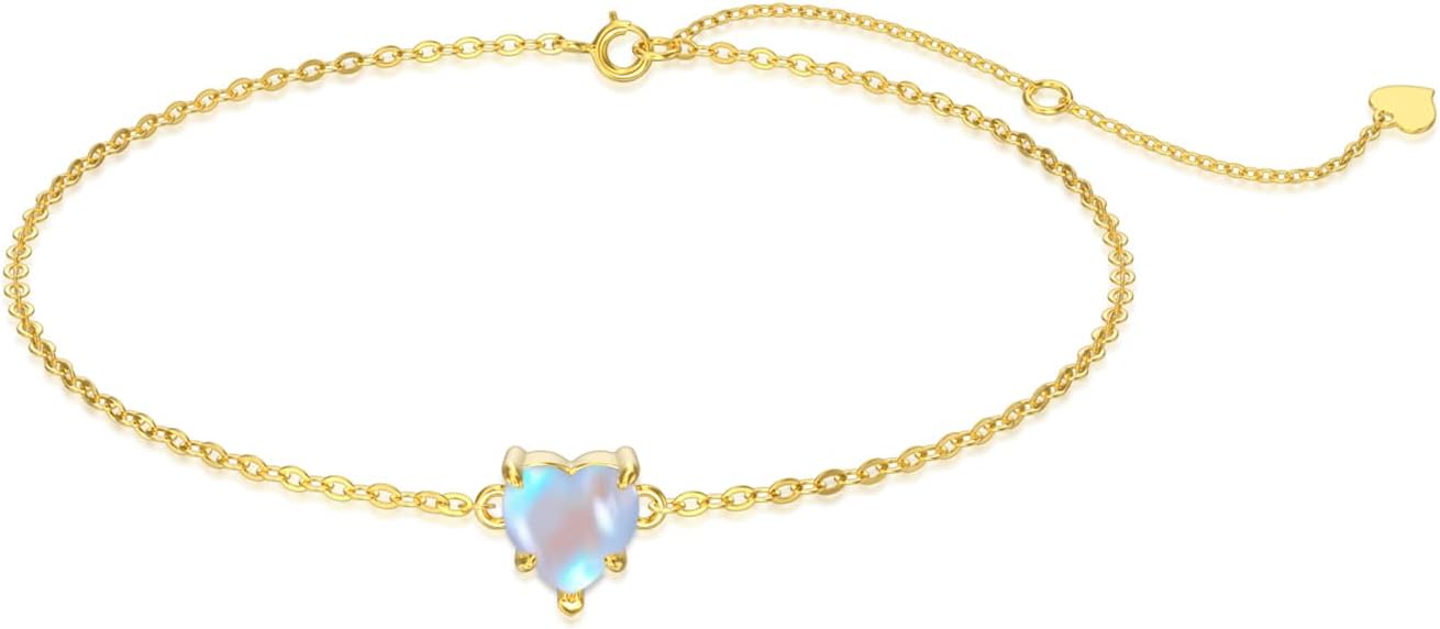 14k Gold Love Heart Gemstone Bracelet for Women,7MM Heart-cut Created Birthstone Anniversary Birthday Mother's Day Bracelets Jewelry for Mom Her 6.5''+2''