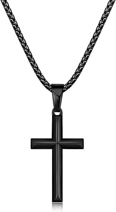 Fiusem Beveled Edge Cross Necklace for Men, Silver Tone/Black/14K Gold Plated Mens Cross Necklace, 2.5MM Stainless Steel Box Chain with Pendant