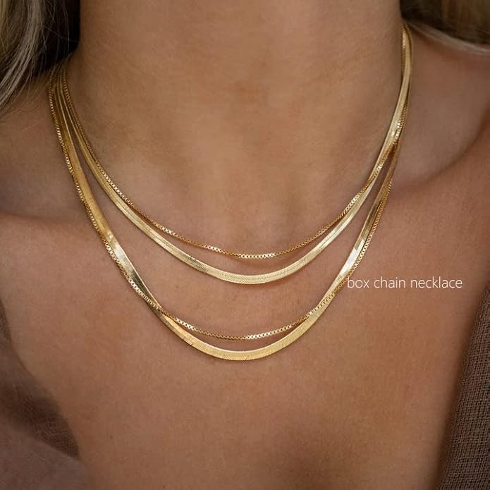 Freekiss Herringbone Necklace for Women,Dainty Gold Necklace,14k Gold Plated Snake,Gold Chain Choker Necklaces,Simple Gold Layered Necklaces,Gold Jewelry Gift for Women