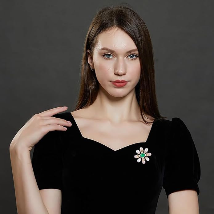 14K Gold Handcrafted Emerald Brooch with Moissanite and Freshwater Pearls - Vintage Style Floral Corsage, Fashion Coat Accessory Gift