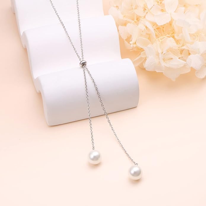 YinShan Long Chain Dainty Necklace Simple Style 925 Sterling Silver Heart Pearl Star Pendant Adjustable Y Shaped Necklace Jewelry for Women