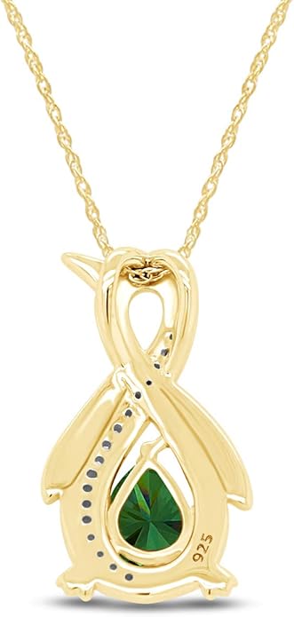 Infinity Penguin Pendant Necklace for Women, 14K Gold Over Sterling Silver with Pear & Round Cut Simulated Birthstone & White Diamond Accents, Dainty Animal Jewelry Gift with 18" Chain