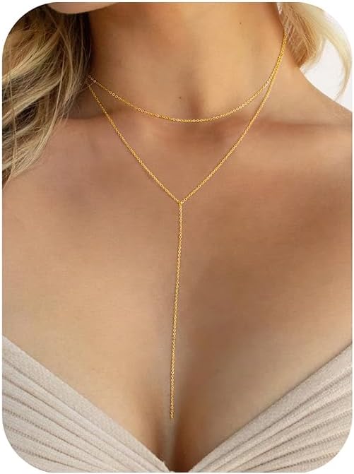 Yoosteel Long Lariat Necklace for Women - Dainty Y-Shaped Necklaces 14K-Gold-Plated Drop Chain Simple Jewelry Trendy Gifts for Women