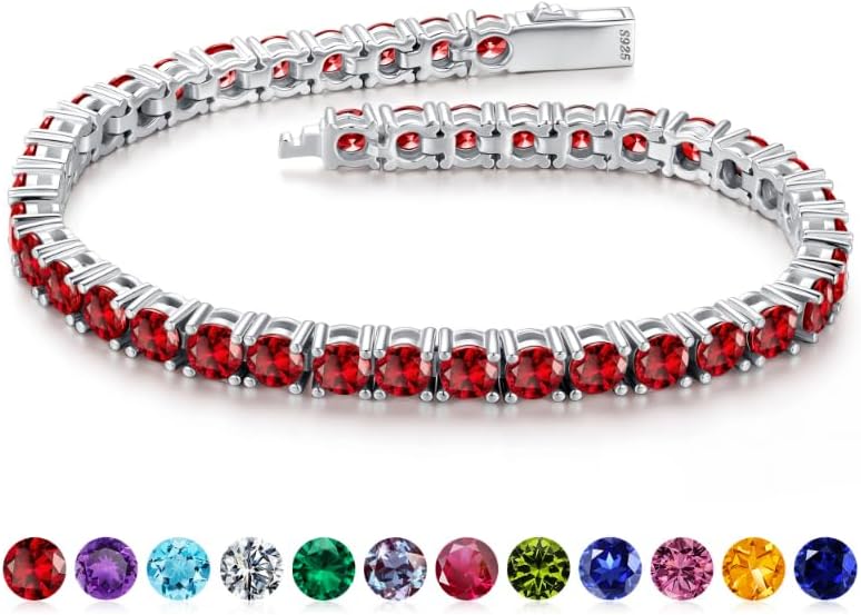 Iefil Christmas Gifts for Women - Size 6.5" - 7" Sterling Silver Tennis Birthstone Bracelet, Anniversary Birthday Gifts for Women