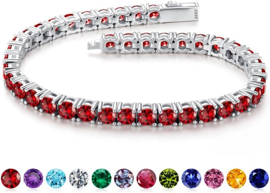 Iefil Christmas Gifts for Women - Size 6.5" - 7" Sterling Silver Tennis Birthstone Bracelet, Anniversary Birthday Gifts for Women