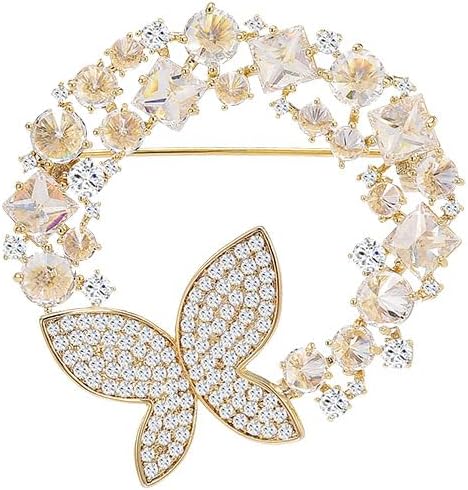 14K Gold Grand Butterfly Brooch with Crystal Embellishments, Circular Design Adorned with Natural Pearl, Luxurious and Elegant Pin for Stylish Attire