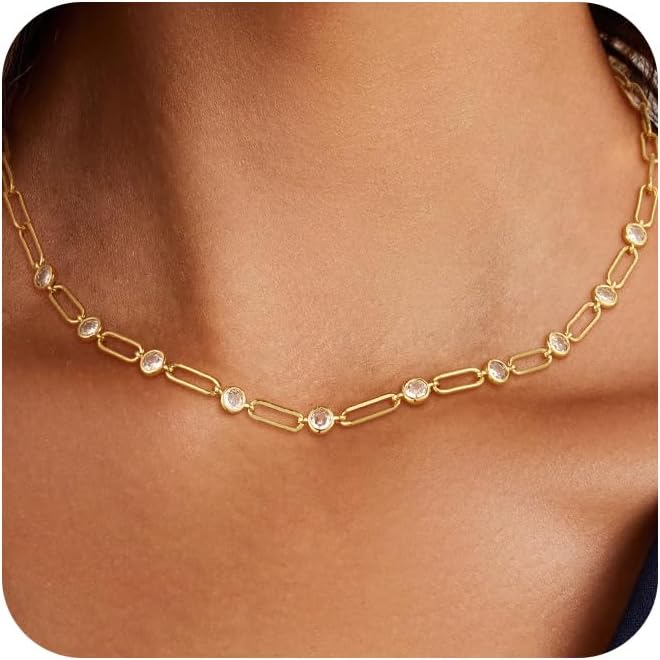 Cubic Zirconia Necklace, Dainty 14k Gold Plated Diamond Necklaces For Women Choker Necklace Simple Gold Plated CZ Jewelry Necklaces for Women Trendy Gifts