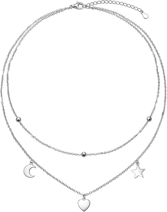 Layered Necklaces for Women S925 Sterling Silver Chokers Necklace for Women Circle/Heart/Double Circle/Cross/Star/Evil Eye Necklace Handmade Bead Necklaces Adjustable