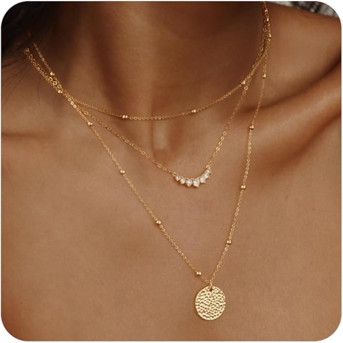 Layered Gold Silver Necklaces for Women, Stackable Stack 14K Real Gold Plated Silver Chain Necklace Diamond Circle CZ Layering Pendant Necklaces Trendy Gold Jewelry Set Gifts