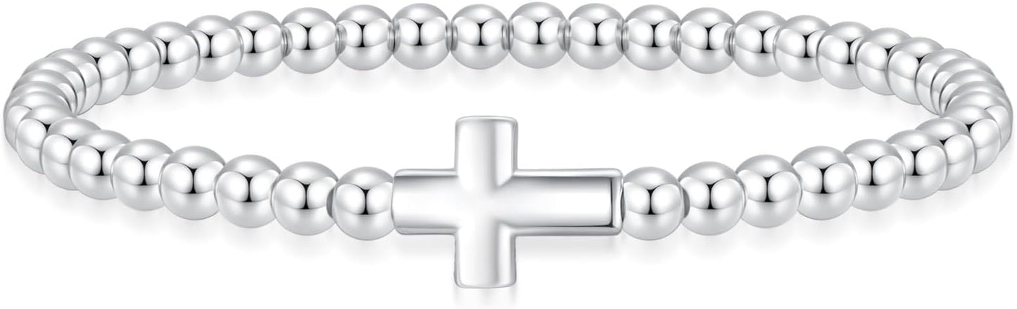 Beaded Bracelet for Women Trendy Stretch Handmade Ball Charm Bracelet Dainty Cross Heart Bow Wave CZ Stackable Jewelry Charm Gifts for Her