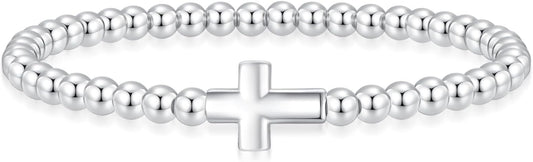 Beaded Bracelet for Women Trendy Stretch Handmade Ball Charm Bracelet Dainty Cross Heart Bow Wave CZ Stackable Jewelry Charm Gifts for Her