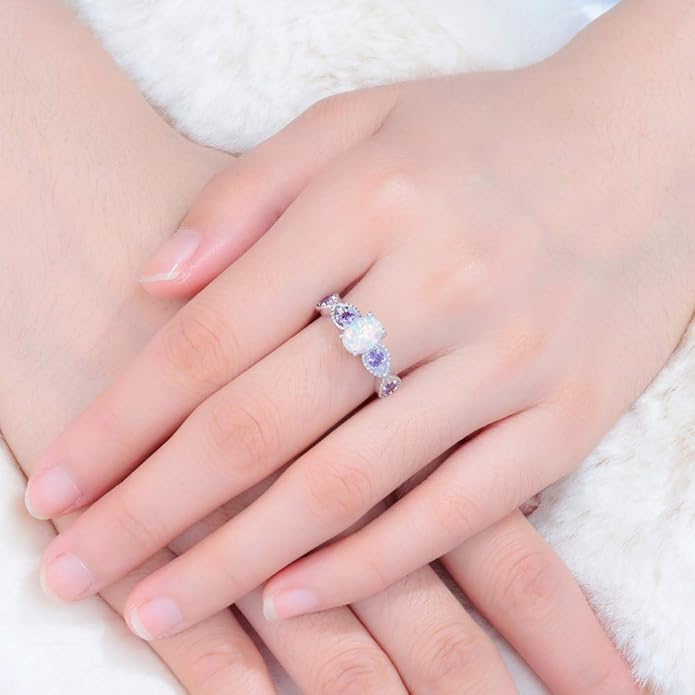 CiNily 18K Gold Plated Opal Ring-White Fire Opal & Amethyst & Cubic Zirconia Women Jewelry Gemstone Engagement Anniversary Ring Size 5-13